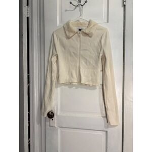 American Eagle Womens Cream Ribbed Faux Fur Collar Cropped Cardigan Preppy Y2K